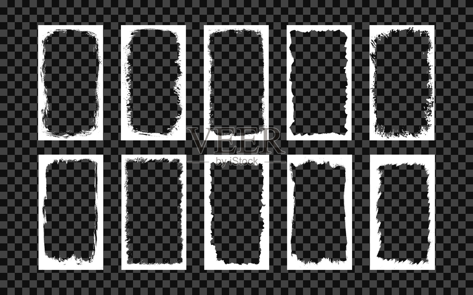 用于照片拼贴、故事和社交网络媒体的Grunge相框模板与笔触。矩形边界与垃圾覆盖。一组矢量插图孤立在透明背景插画图片素材