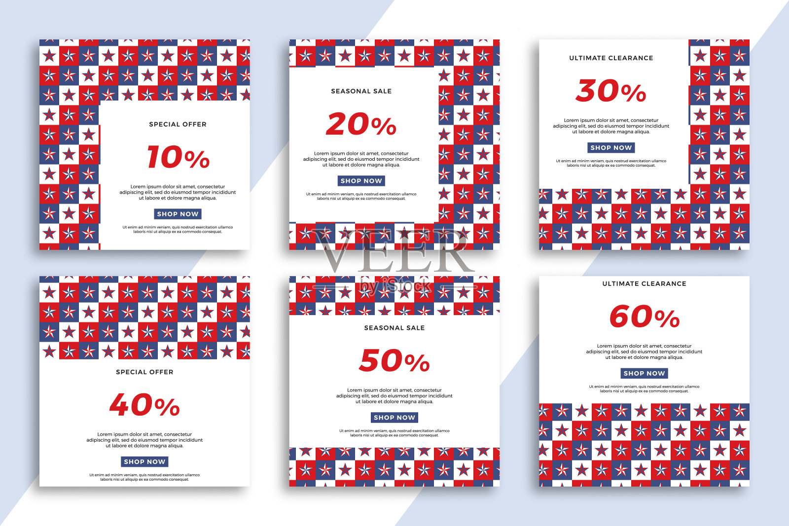 一套方形广告网横幅与星形几何图案。爱国销售和折扣促销背景的社交媒体移动应用程序。矢量编辑背景EPS 10设计模板素材