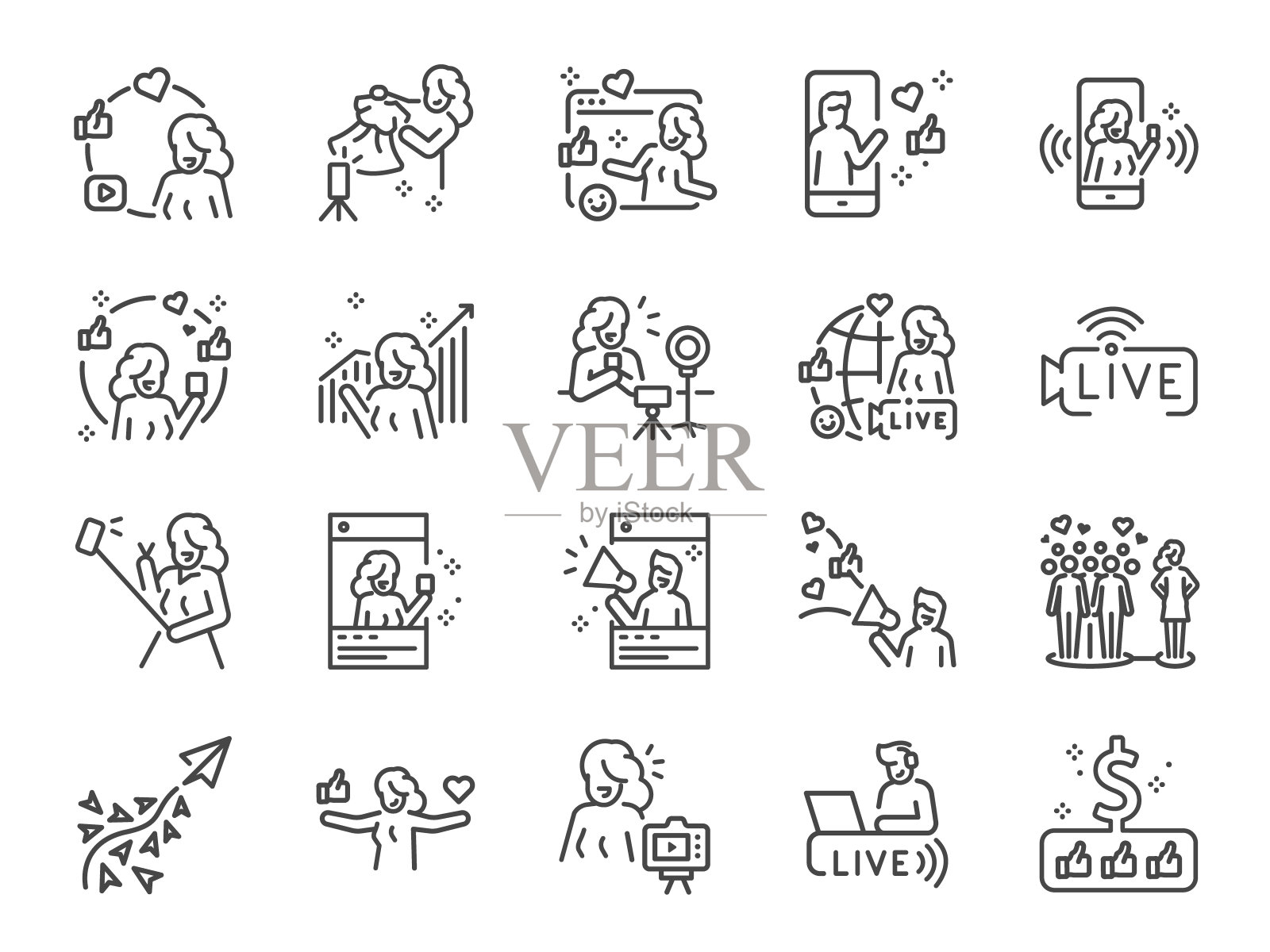 影响者线图标设置。包括作为美妆博主，广告，社交媒体，病毒营销等图标。图标素材