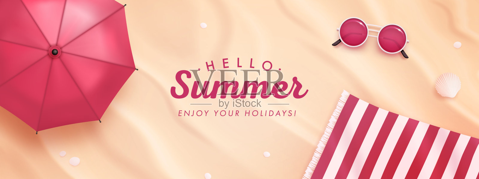 美丽的横横幅设计模板与现实的夏季元素在海滩的背景。矢量图插画图片素材