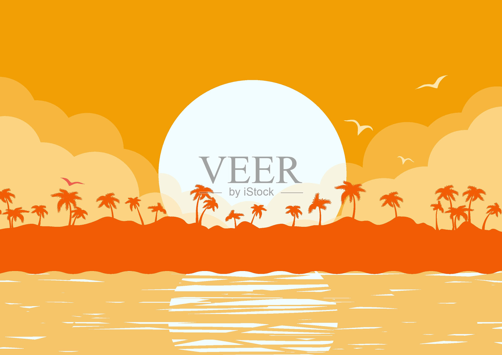 热带岛屿矢量海报与日落云，海浪和棕榈树剪影海报水平海景背景设计。插画图片素材