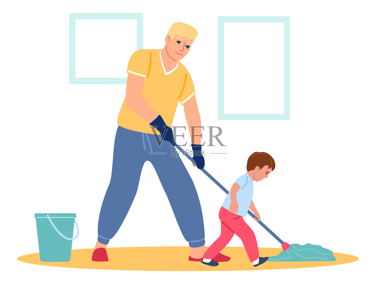 父亲和儿子一起洗地板。春季大扫除的概念插画图片素材