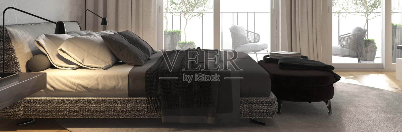 简约的现代室内设计。带全景窗户的卧室。带有床头柜的现代床。3 d渲染插图。网页横幅。照片摄影图片