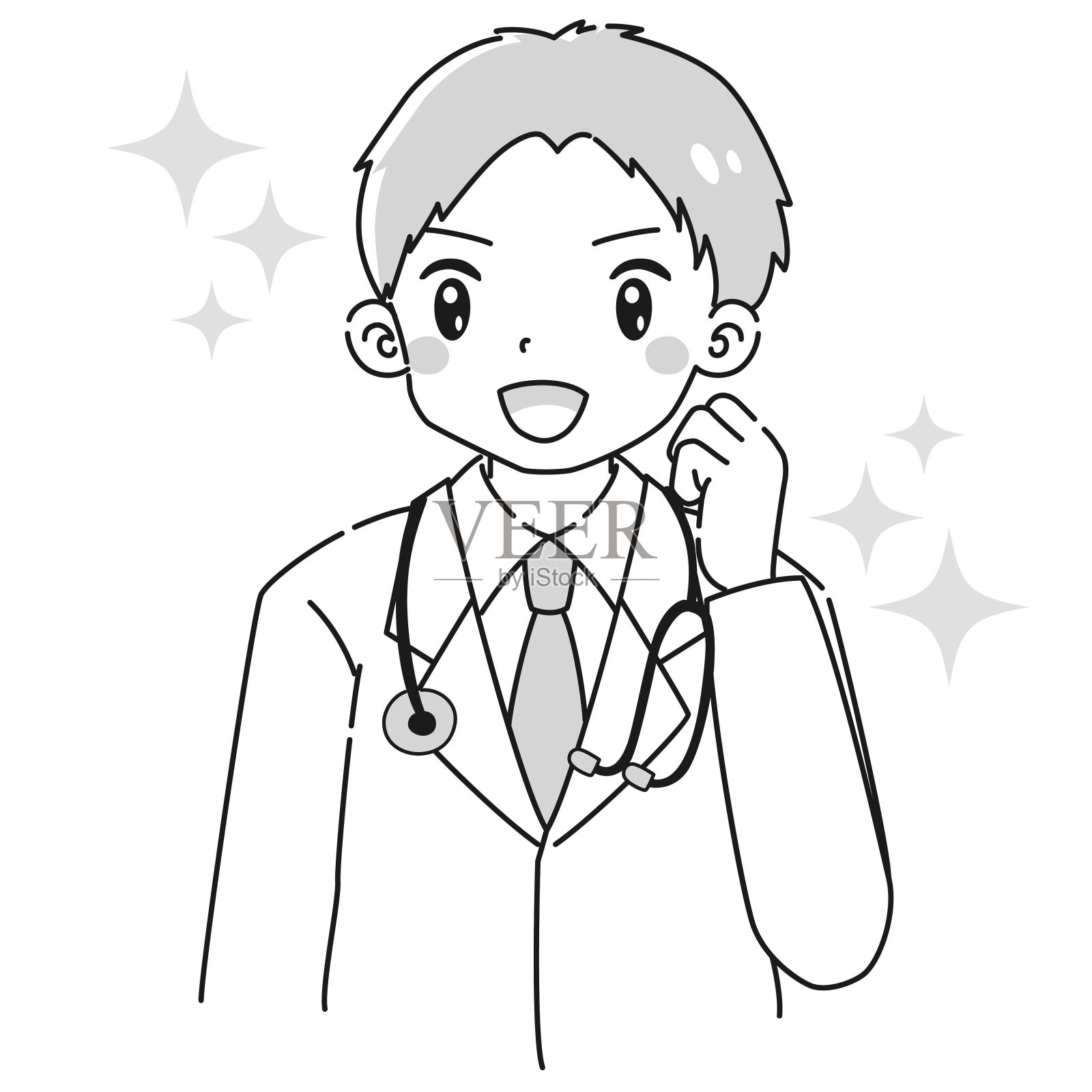 一名身穿白大褂的男子摆出“内脏”姿势的插画(手持听诊器)插画图片素材