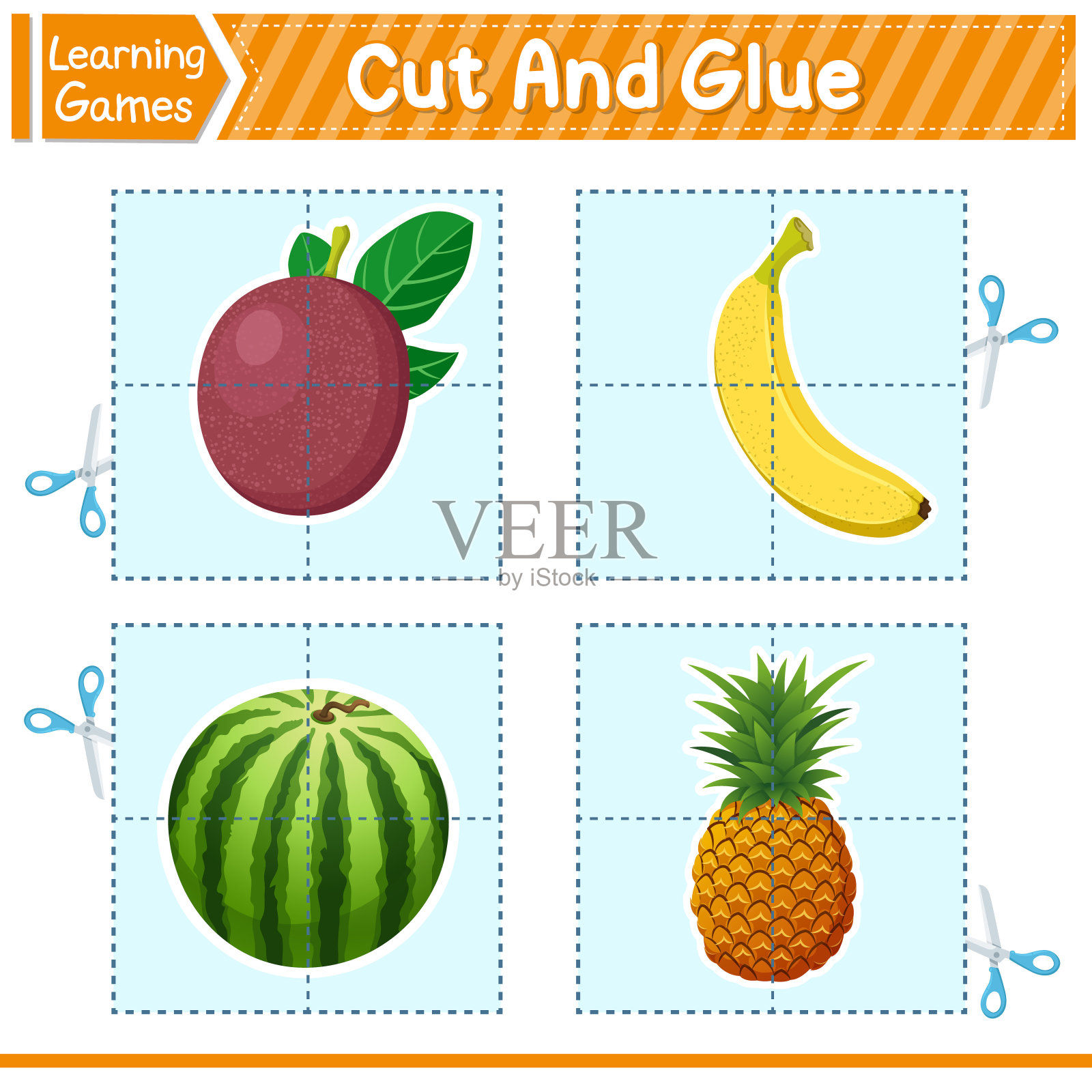 切和水果胶。教育开发儿童工作表游戏。针对学龄前儿童和幼儿的活动。矢量图插画图片素材