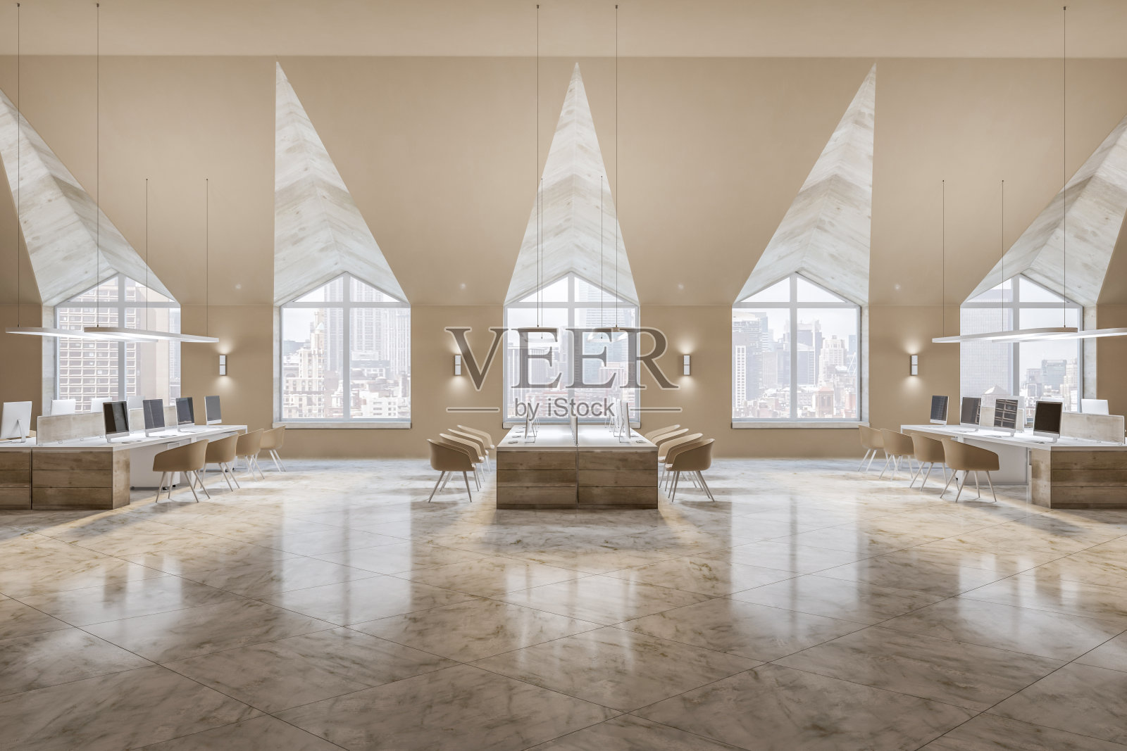 豪华宽敞的木制和混凝土联合办公室内，窗户和城市景观，家具和设备。工作场所的概念。3 d渲染。照片摄影图片