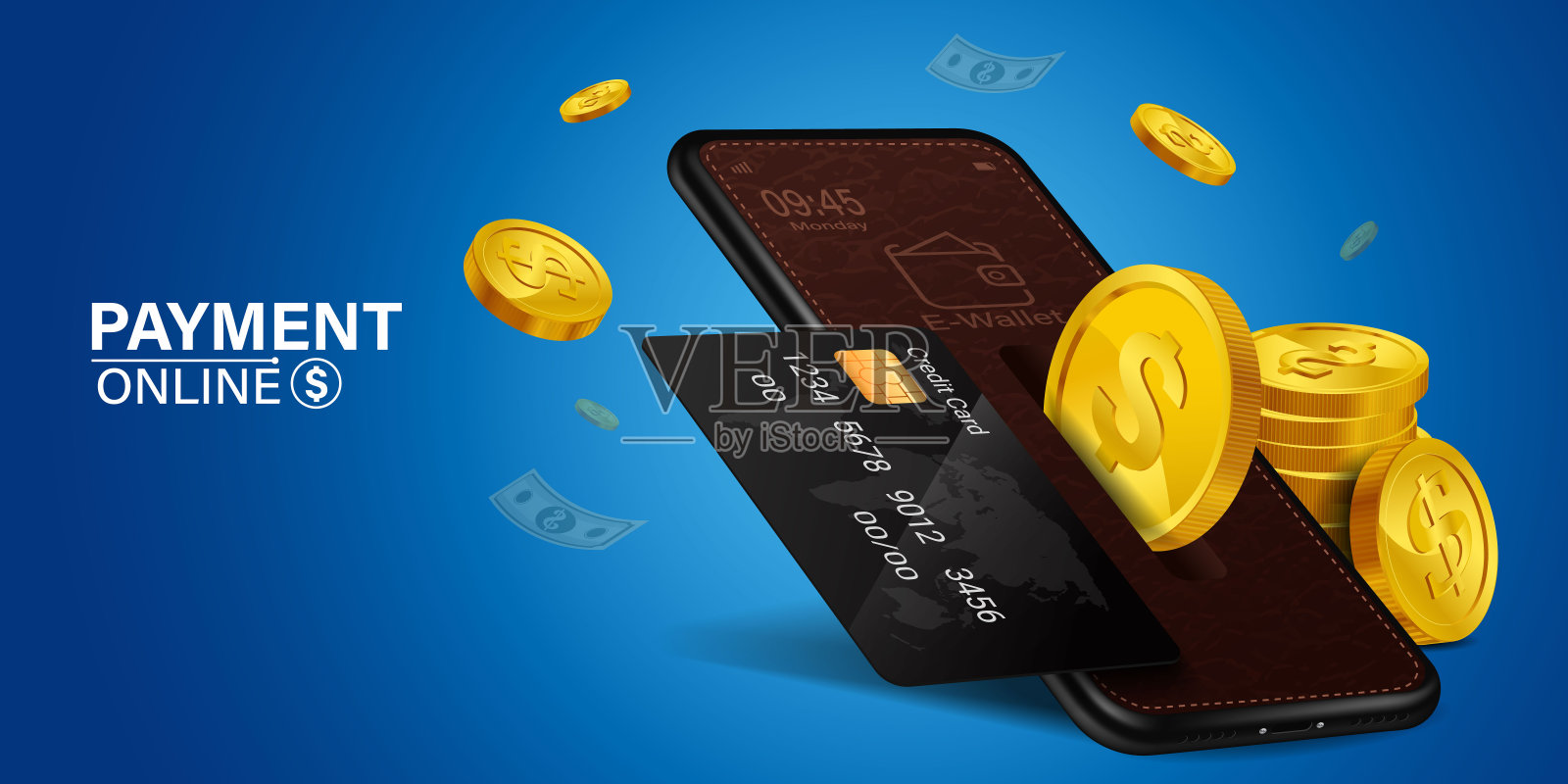 手机在线钱包蓝色背景网上消费概念。智能手机投币。通过智能手机设计在线钱包的概念。手机在线支付。插画图片素材