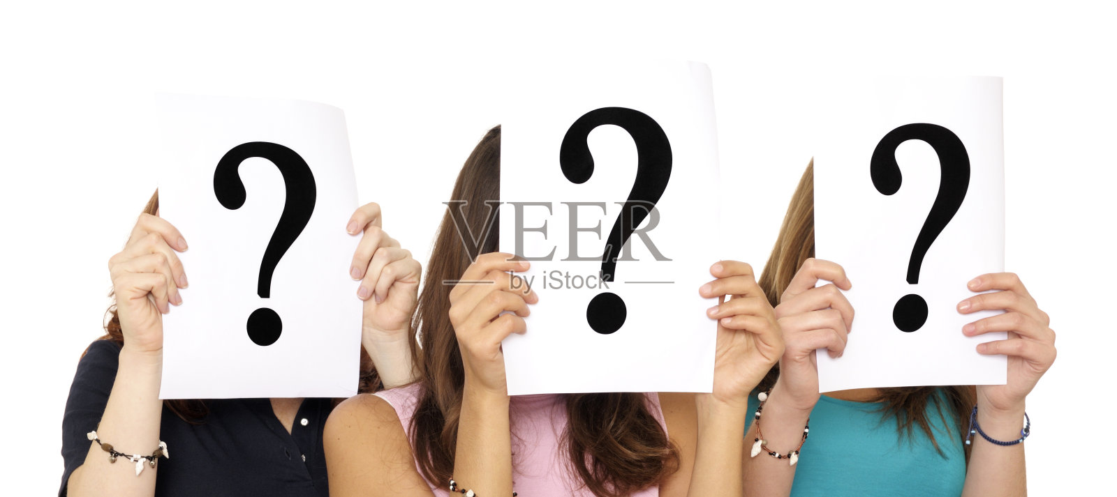 3拿着问号的女人。照片摄影图片