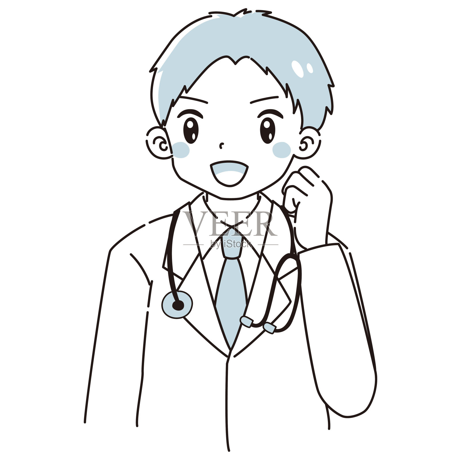 一名身穿白大褂的男子摆出“内脏”姿势的插画(手持听诊器)插画图片素材