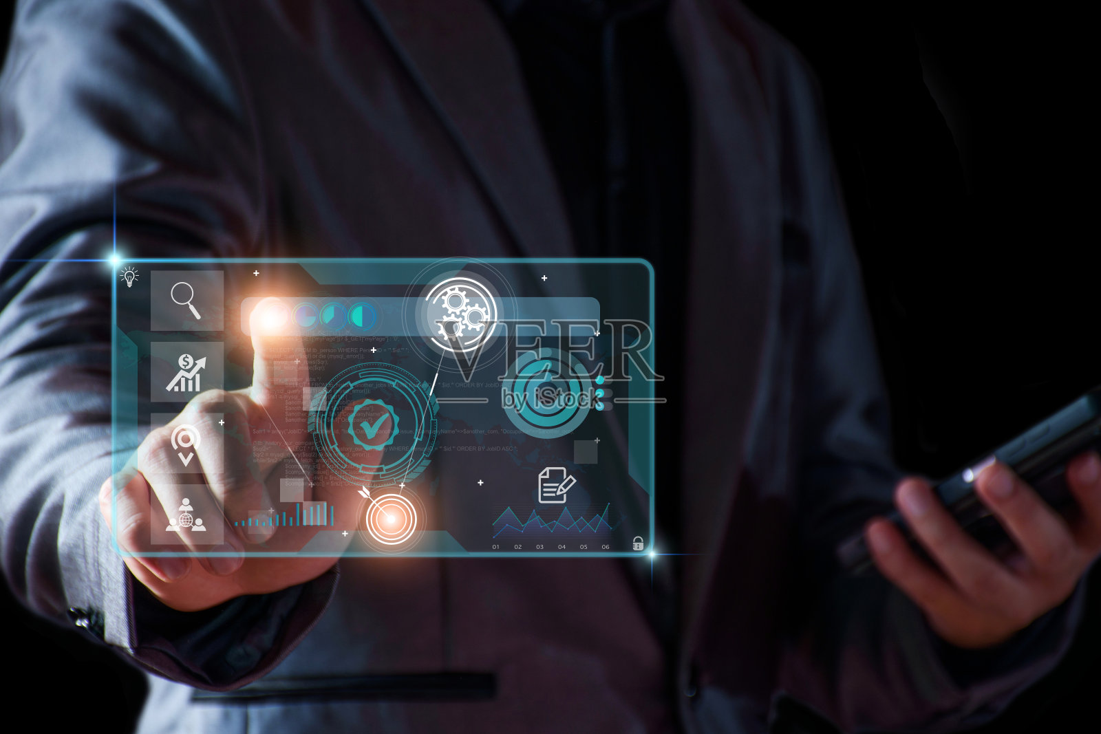 商业数据库分析概念。商人分析经济数据。涉及商业运营、未来经济趋势分析、虚拟屏幕、商业网络、互联网技术。照片摄影图片