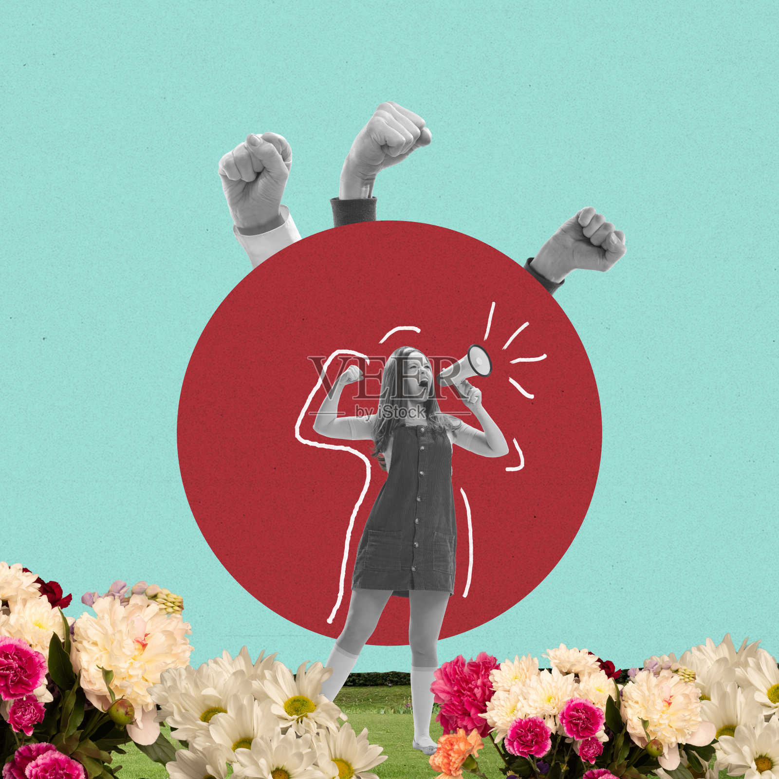 年轻女孩在复古风格的装备与扩音器孤立在抽象的背景。当代艺术拼贴。灵感,想法,时尚。插画图片素材