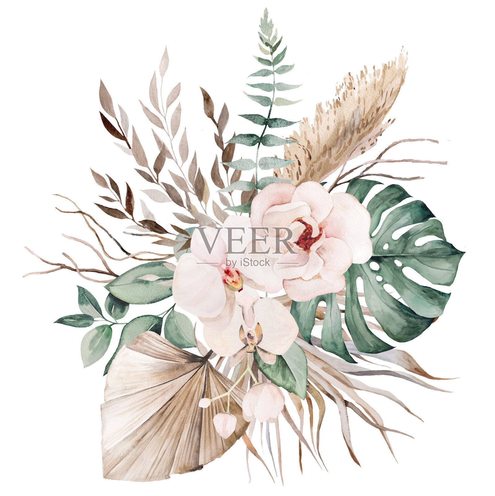 婚礼波西米亚水彩花束与米色和蓝绿色热带树叶和兰花花朵插图插画图片素材