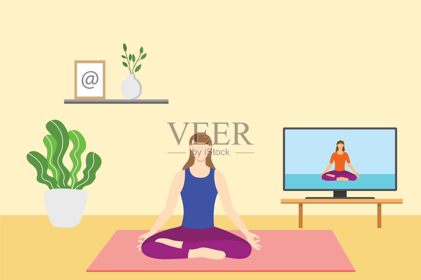 在线健身瑜伽概念与女性手表插画图片素材