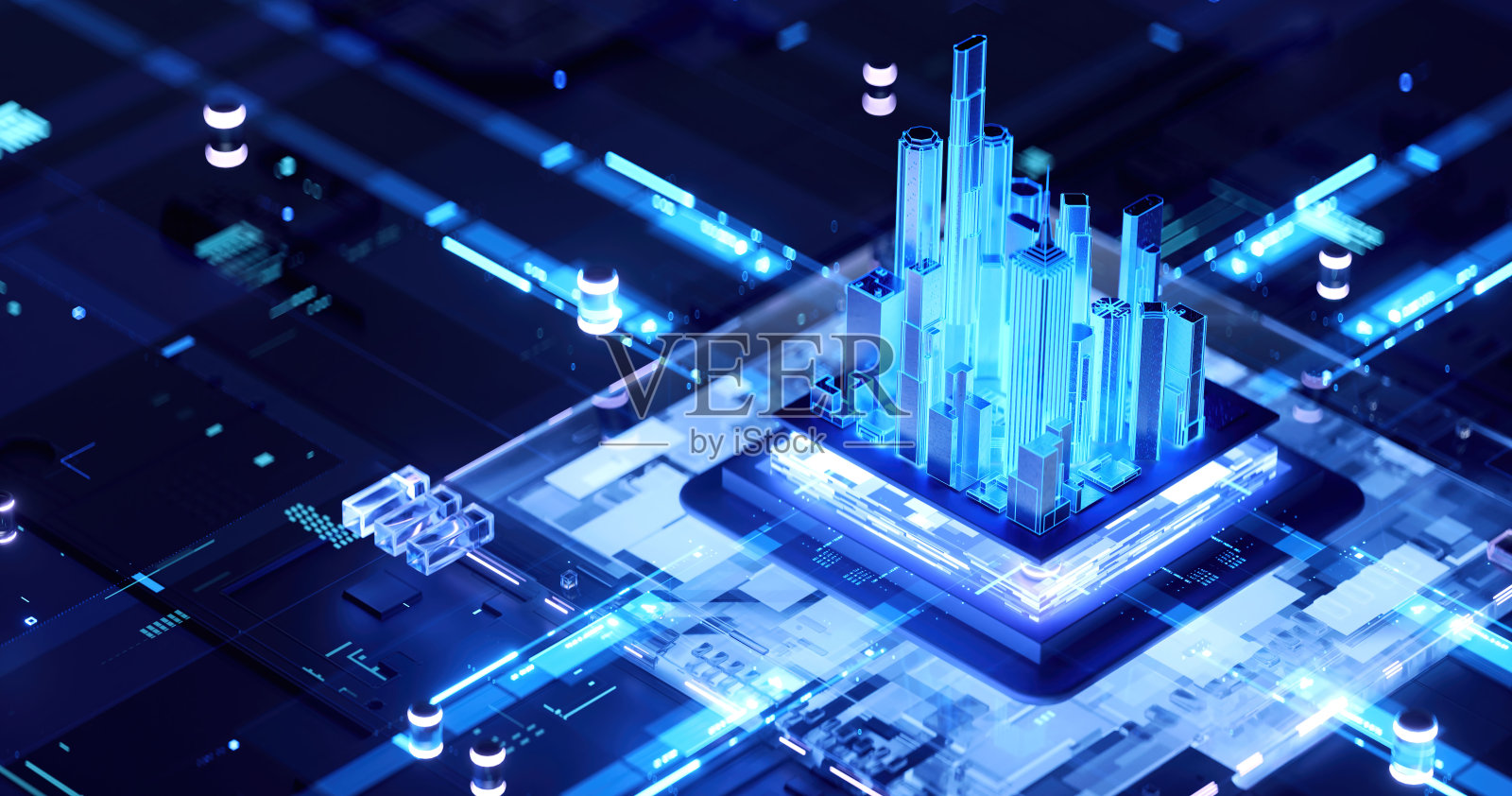 赛博朋克AI的3D渲染。电路板。技术背景。中央计算机处理器CPU和GPU的概念。数字芯片主板。技术科学背景。照片摄影图片