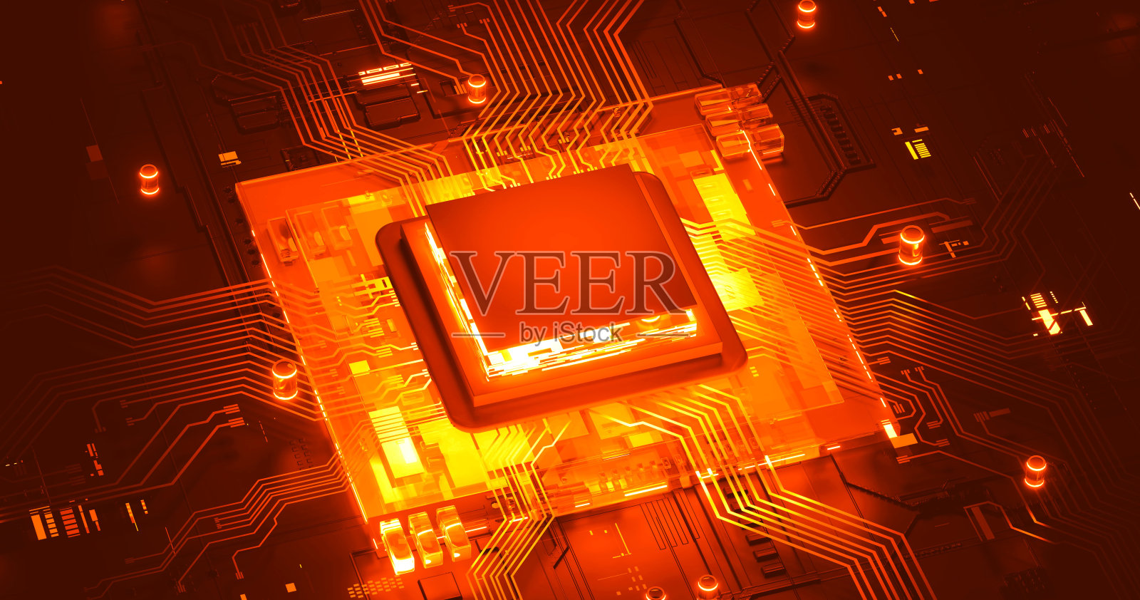 赛博朋克AI的3D渲染。电路板。技术背景。中央计算机处理器CPU和GPU的概念。数字芯片主板。技术科学背景。照片摄影图片