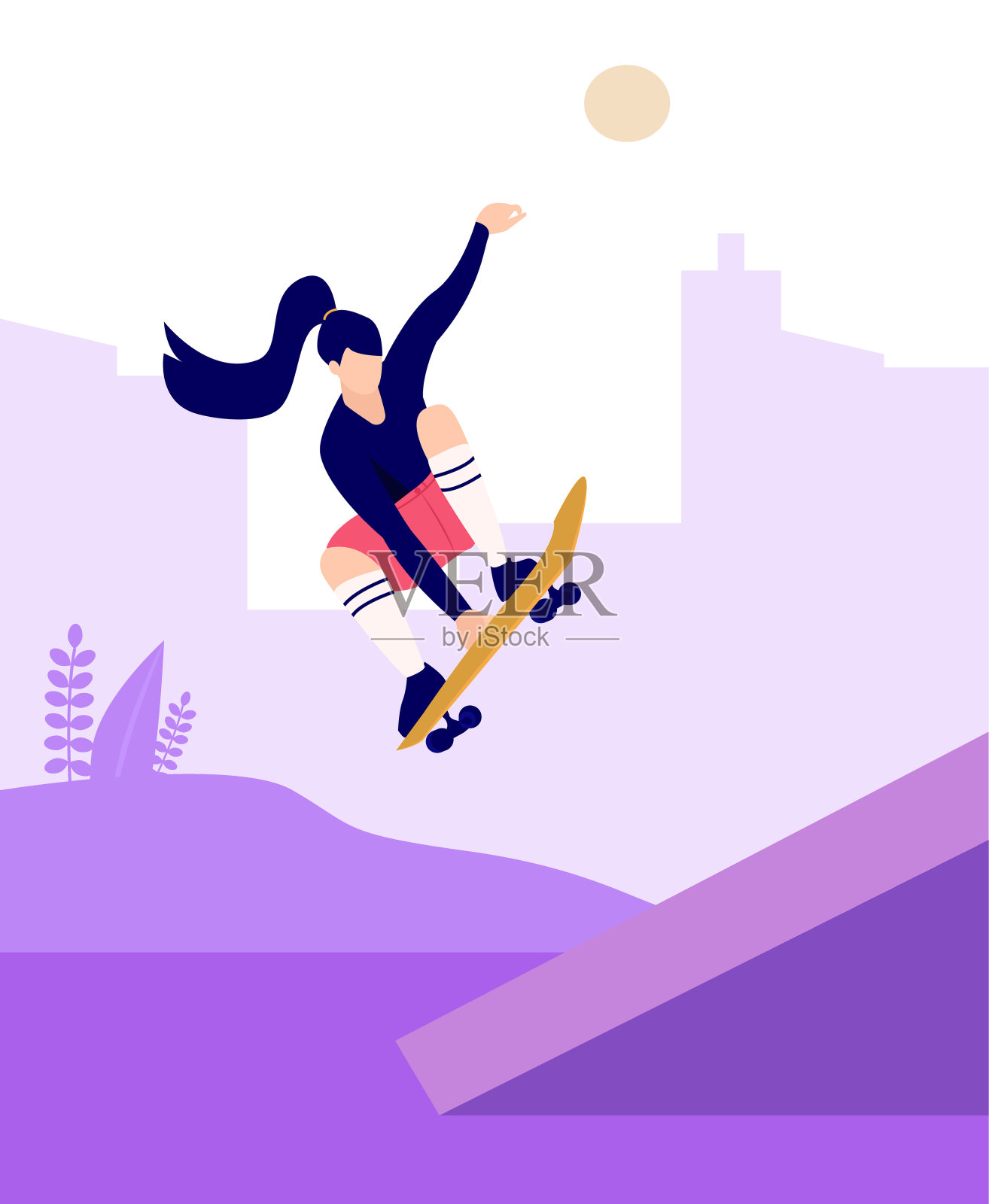 轮滑女孩在街道上跳舞矢量插图。女孩力量概念海报。轮滑和溜冰公园。可编辑的矢量图插画图片素材