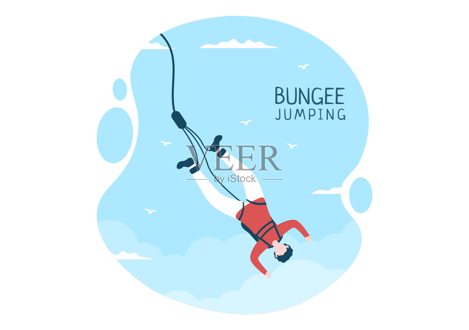 在平面卡通极限运动矢量插图中，用弹性绳捆绑的人从高处跳下后下落的蹦极插画图片素材