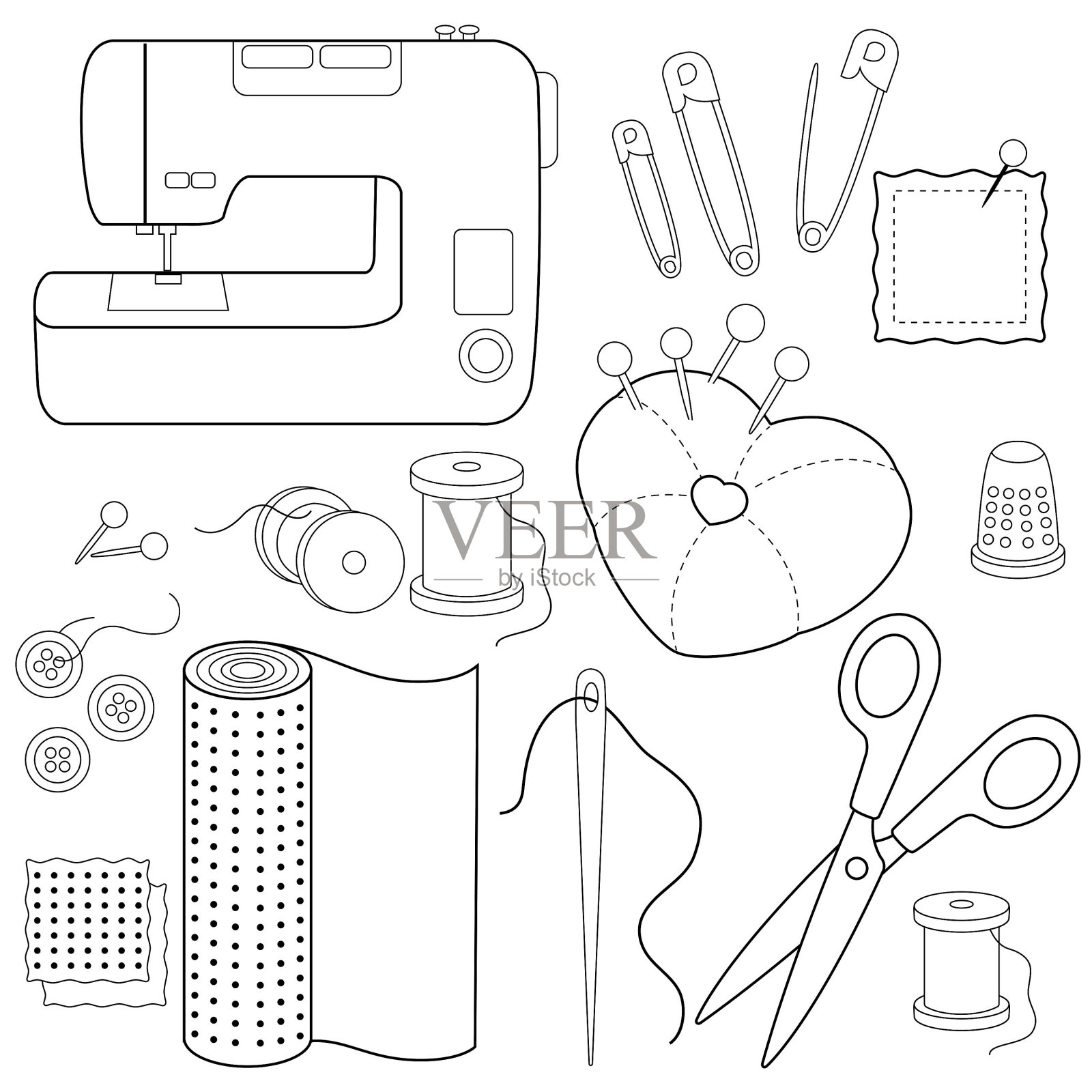 缝纫工具和设备。向量黑白着色页面插画图片素材