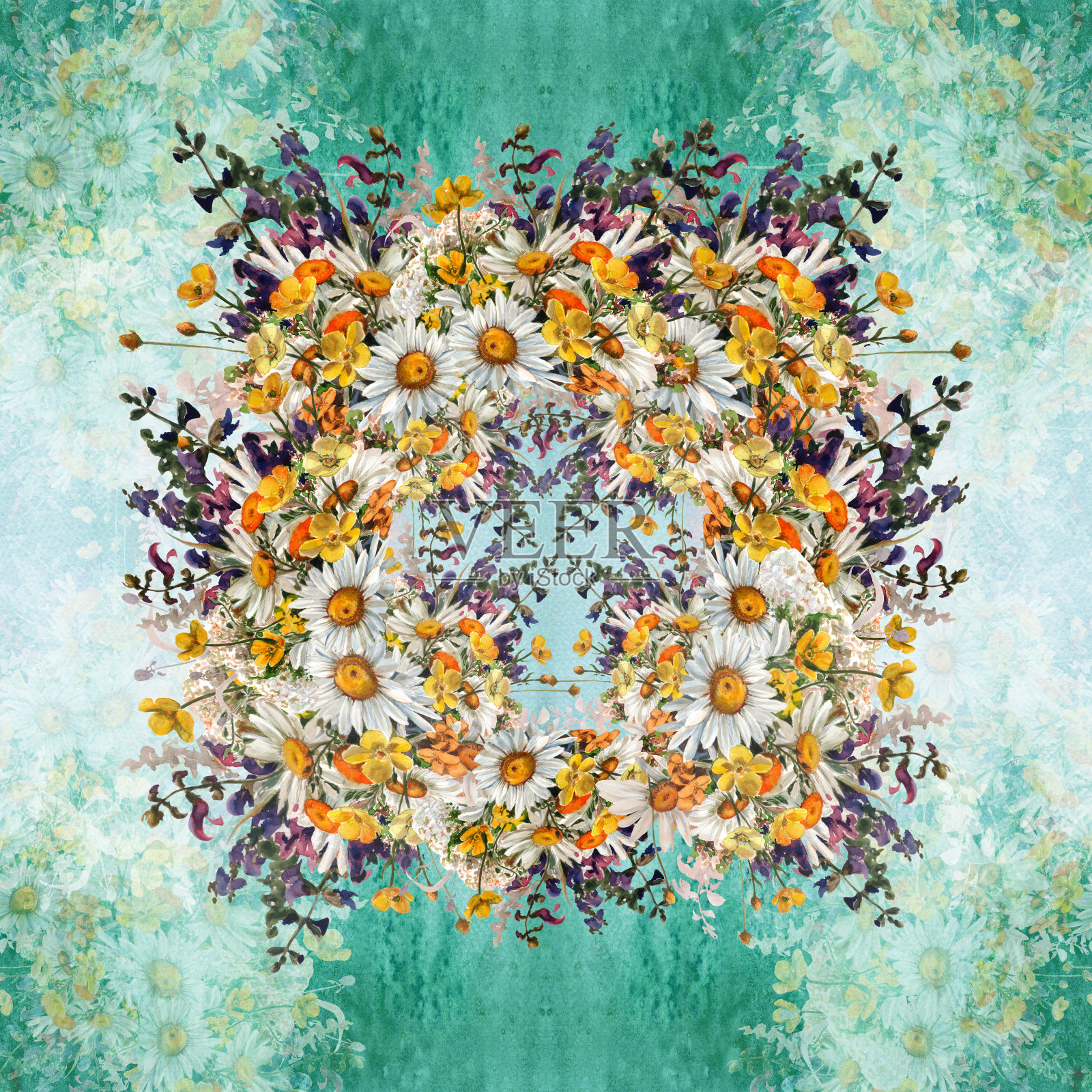 无缝模式。野花和草本植物，洋甘菊花-装饰成分。水彩插图。装饰性的构图。使用印刷材料，标志，物体，地点，地图。插画图片素材