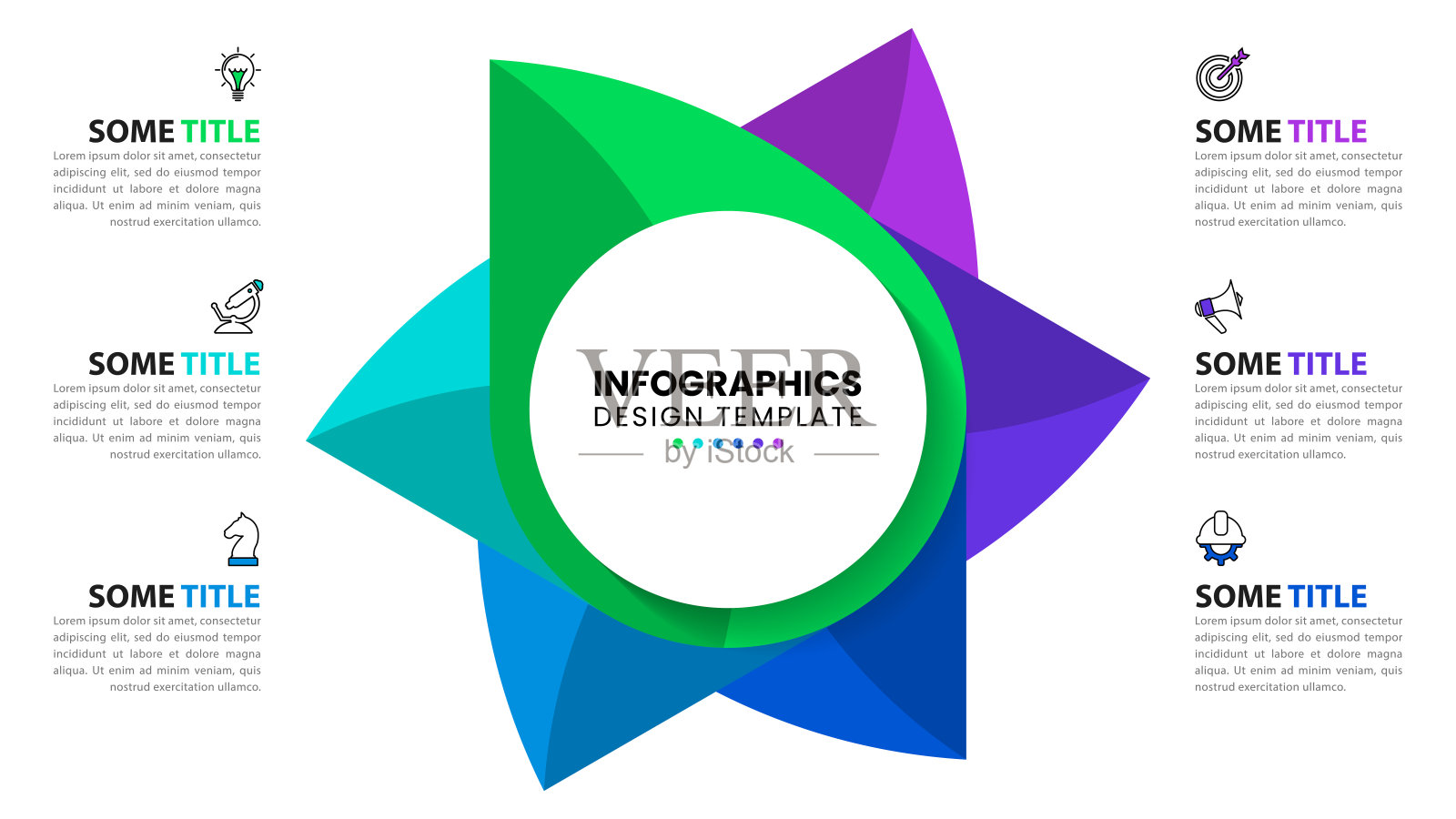 信息图表模板。6步，中间放一朵花插画图片素材