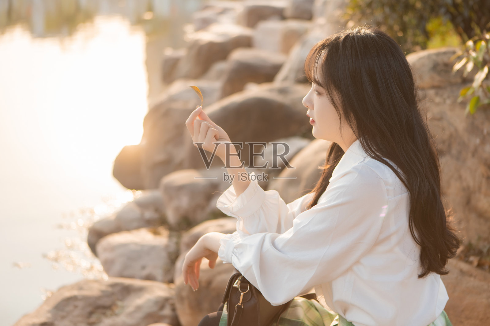 美丽的大学生在夕阳湖畔照片摄影图片