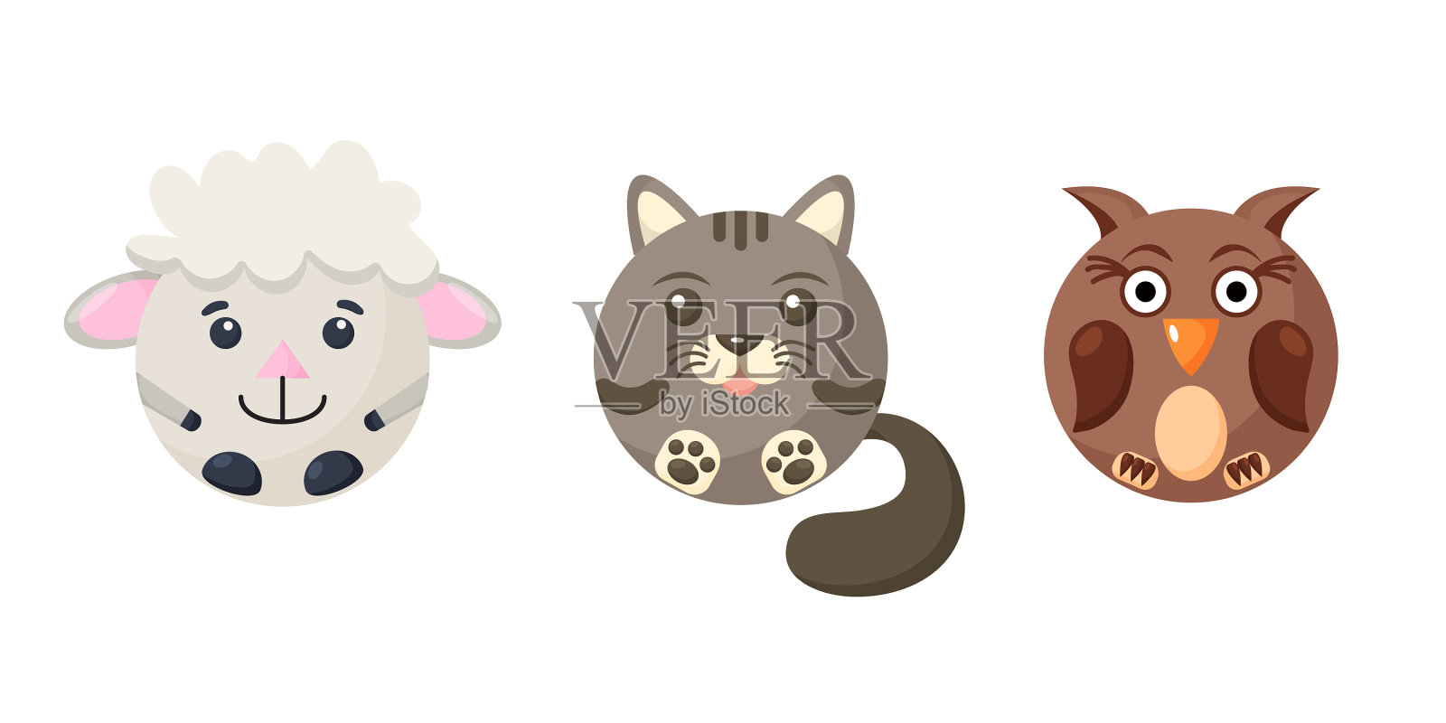 可爱的卡通圆形动物羊猫猫头鹰脸插画图片素材