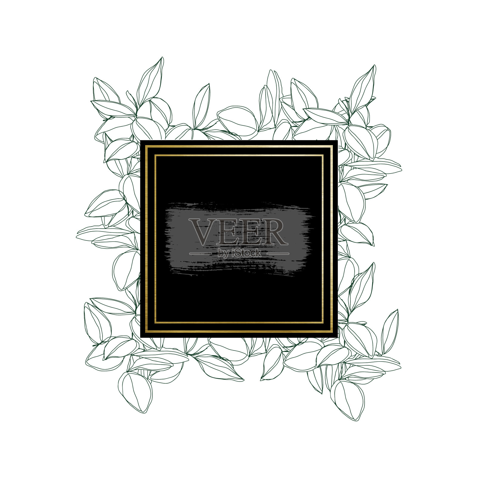 植物极简主义线条艺术叶矢量框架与黄金边界和纹理的笔触设计元素图片