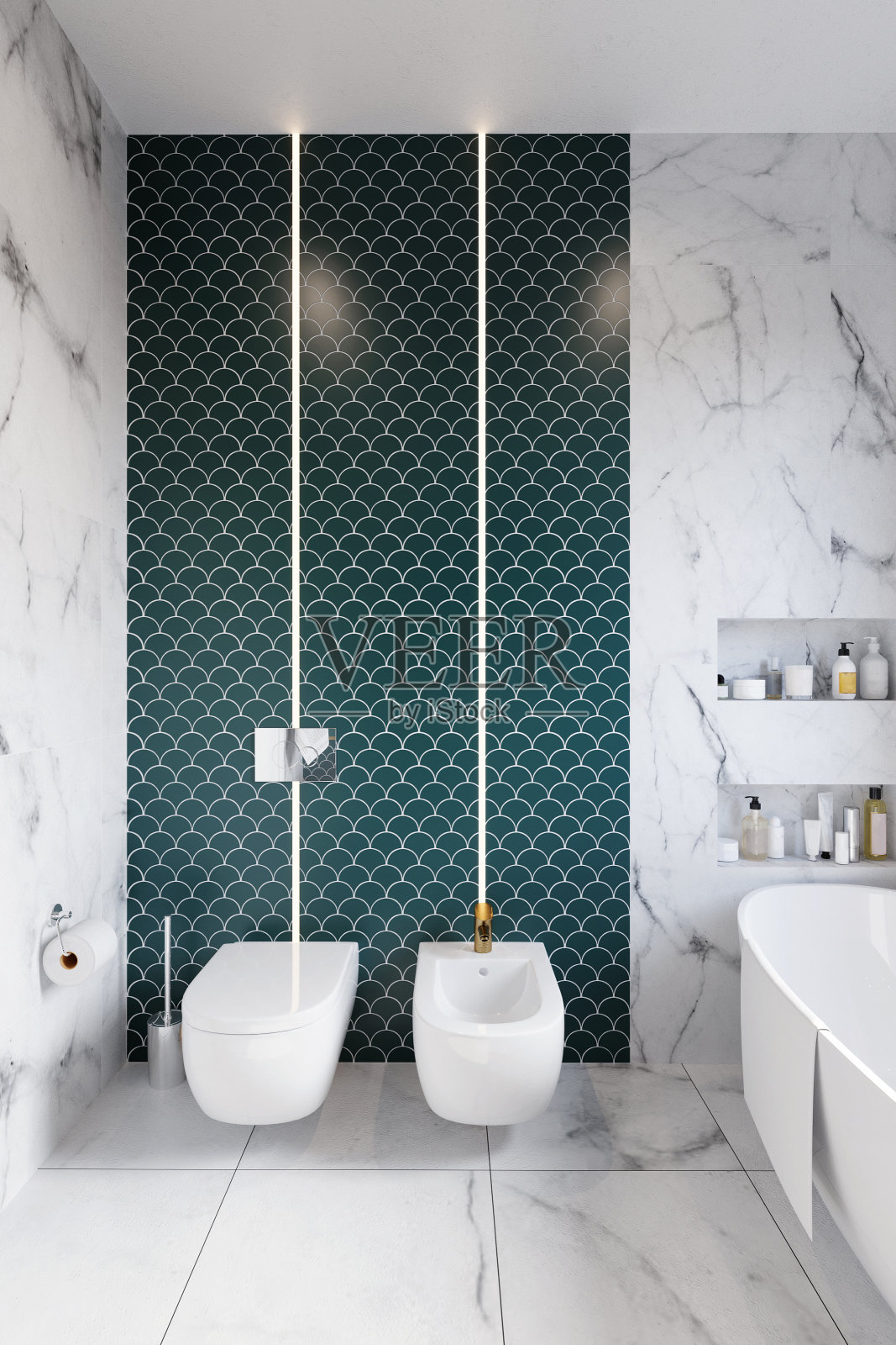 酒店浴室的一角，墙上贴着绿色瓷砖。经典的风格。三维渲染照片摄影图片