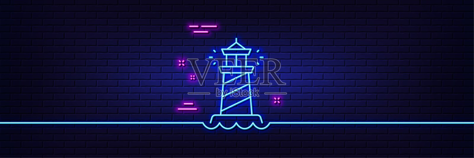 灯塔行图标。探照灯塔的迹象。灯塔。霓虹灯发光效果。向量插画图片素材