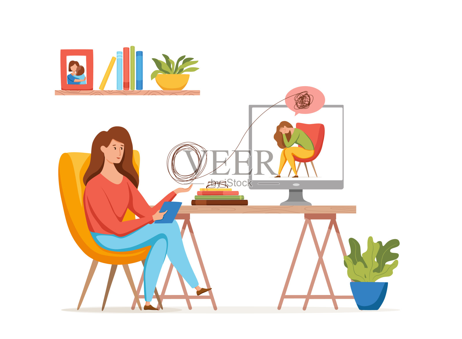 心理学疗法在线咨询矢量概念图：心理治疗实践，女性与患者交谈，解决压力、抑郁或精神问题插画图片素材