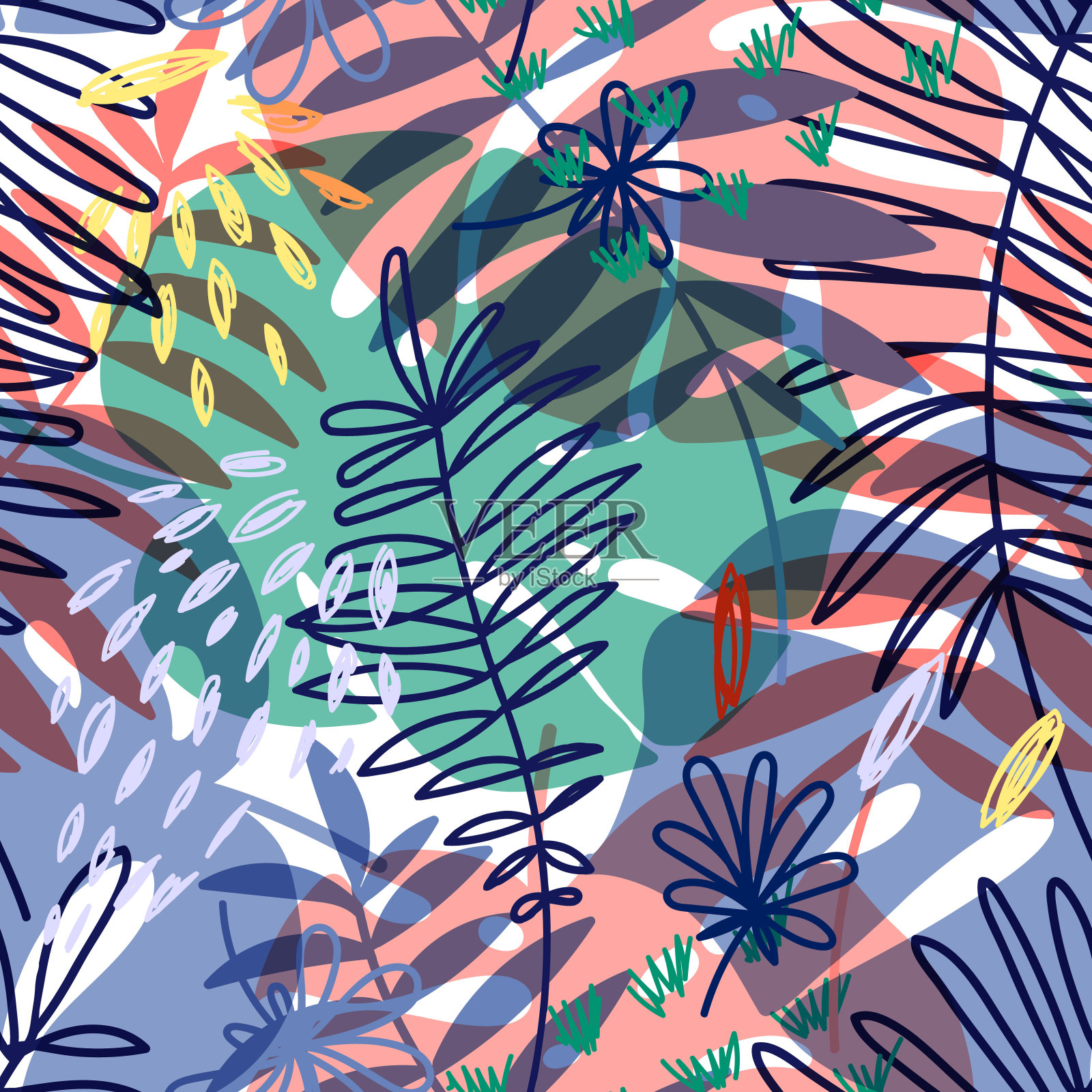 矢量无缝图案与花卉手绘元素。明亮的颜色热带背景。插画图片素材