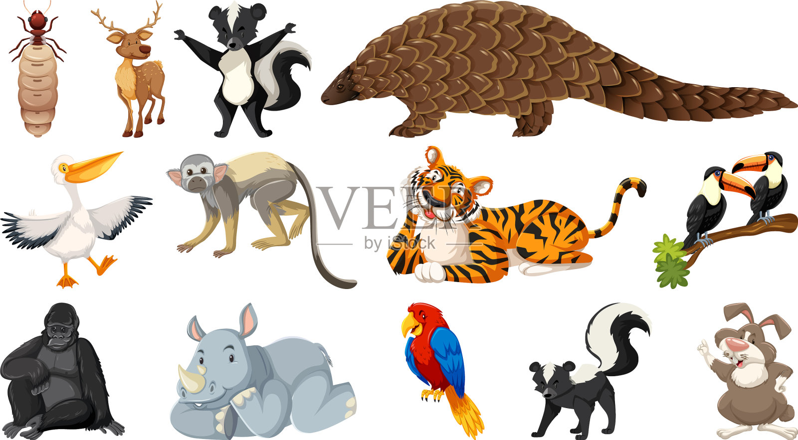 一套不同的野生动物卡通人物图标素材