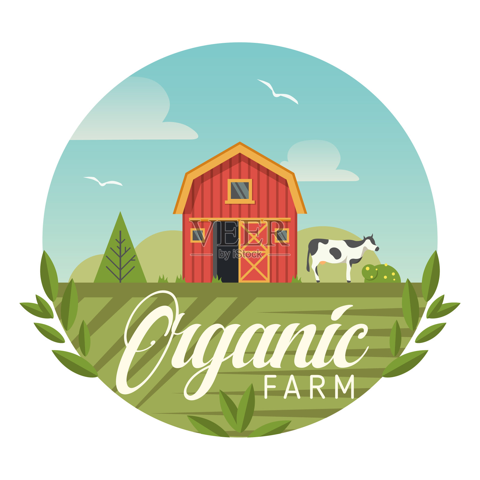 农场有机农业谷仓和牧场奶牛设计元素图片
