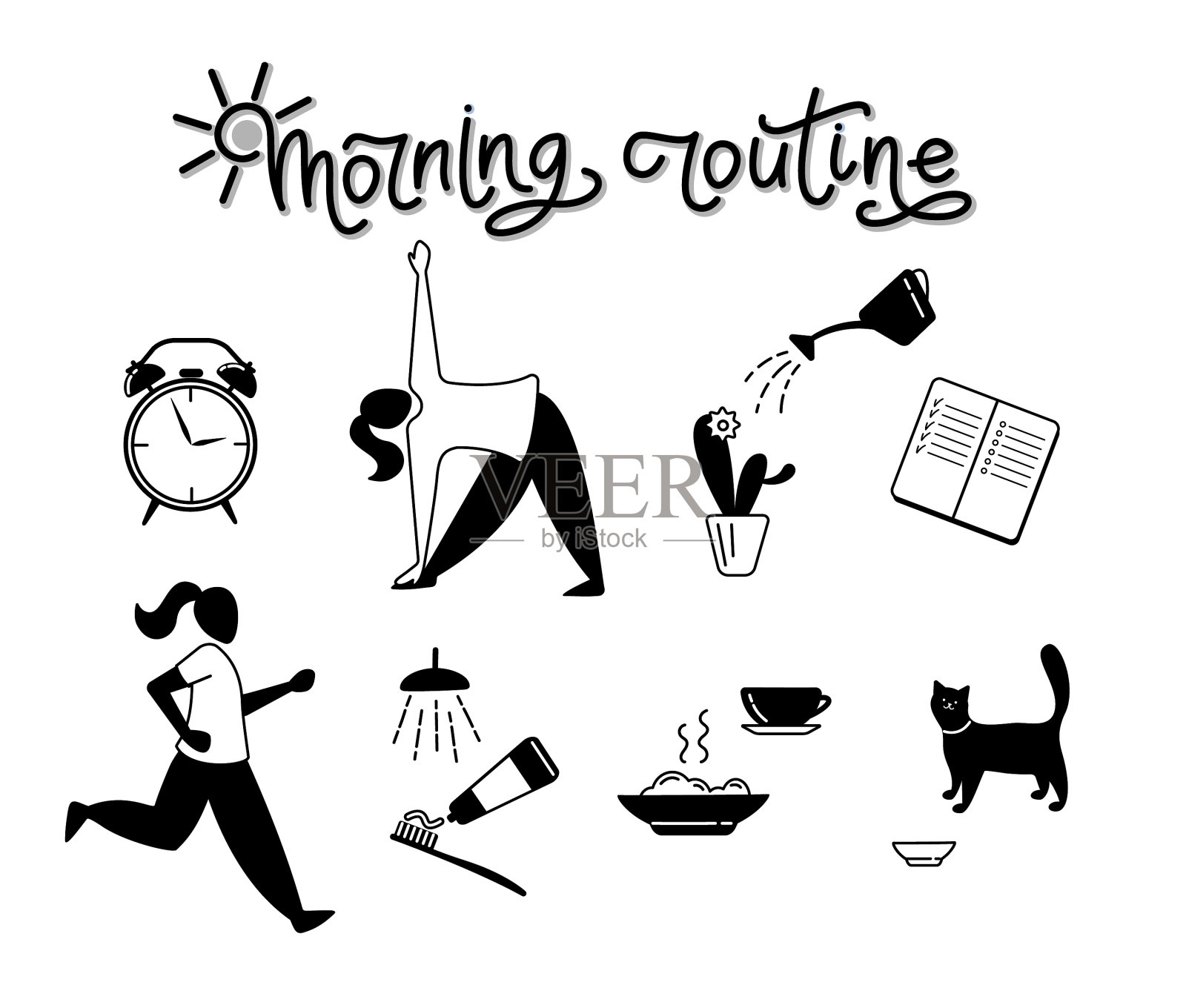 早上例行的字母和一套图标图标素材