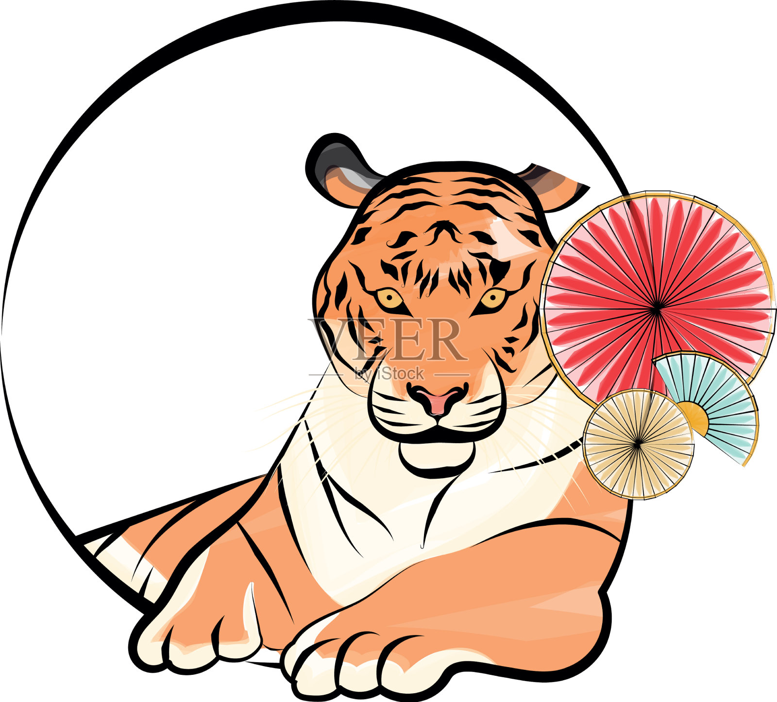 彩色的中国老虎在一个圈标签与亚洲插画图片素材