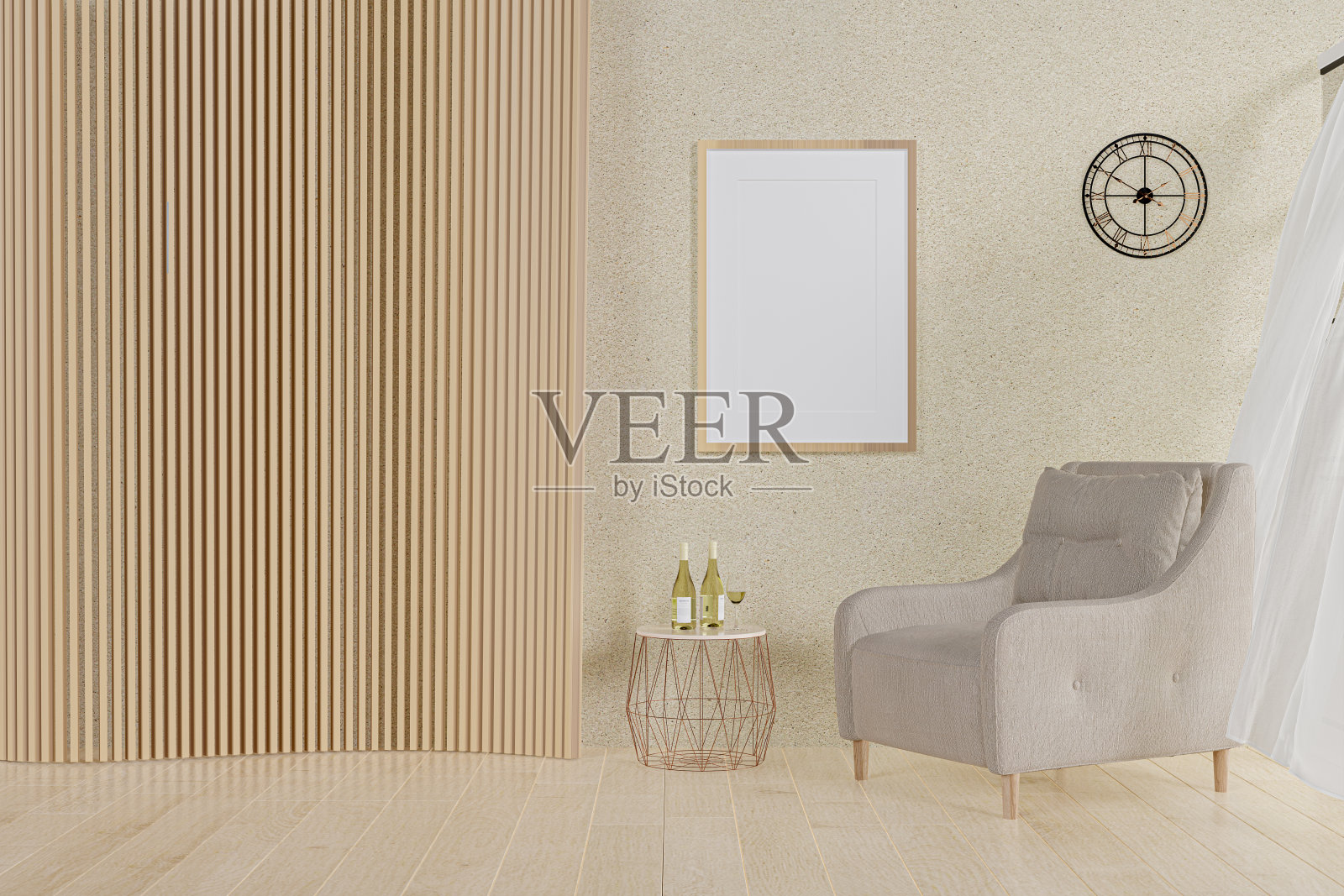 3d渲染的现代座位区与装饰木板和大画框插图。照片摄影图片