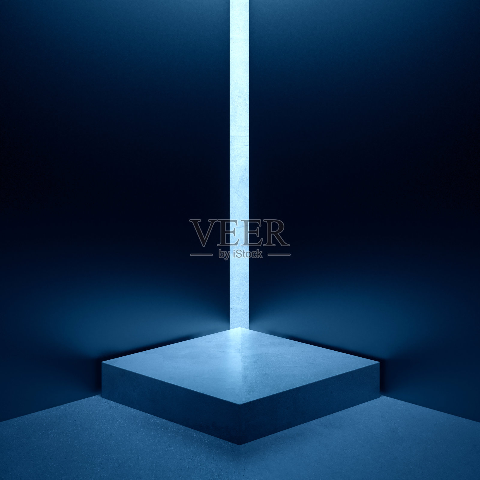 舞台舞台台上矗立着方形的混凝土和金属蓝色的灯光场景墙。照片摄影图片