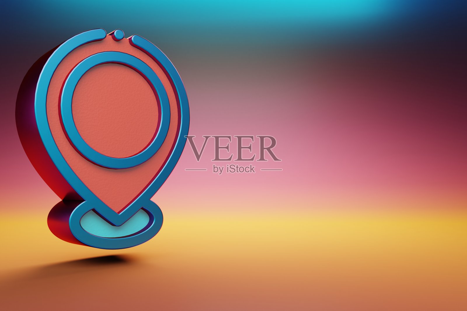 美丽的蓝色位置图标符号在多色明亮的背景。3 d渲染插图。用于设计的背景图案。照片摄影图片