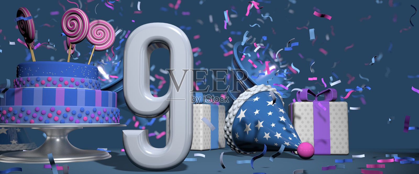 纯白色的数字9在前景，生日蛋糕装饰糖果，礼物和派对帽子五彩纸屑弹出号角，在深蓝色的背景。三维演示照片摄影图片