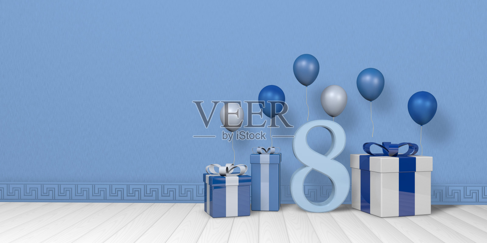 淡蓝色的8号在蓝色和白色的礼品盒装饰气球白色木地板和淡蓝色的墙壁背景。三维演示照片摄影图片