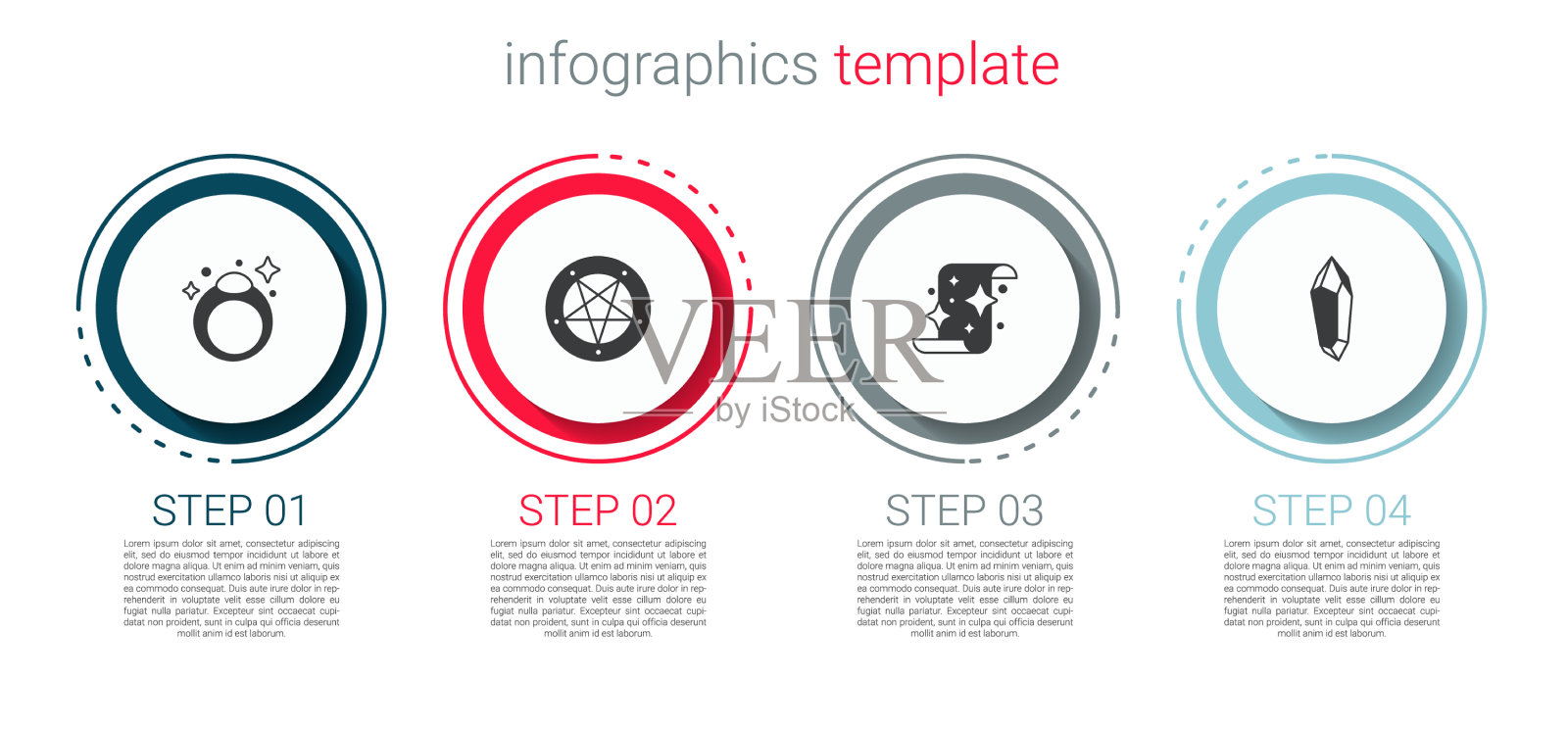 设置魔法石戒指五角星圈卷轴和插画图片素材