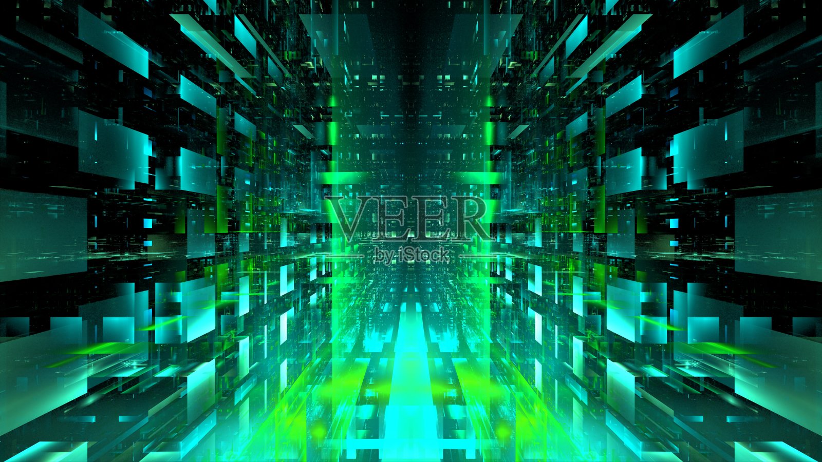 数字室内建筑高科技抽象数据中心服务器tonel。商业技术模糊多角形几何数字赛博空间，色彩光。三维渲染照片摄影图片