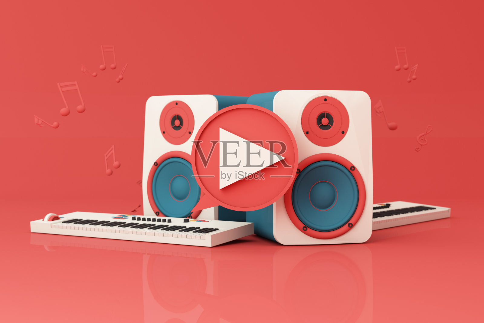 播放音乐符号周围的扬声器，钢琴键盘，智能手机与歌曲播放列表和音乐键音符孤立在柔和的背景。三维渲染照片摄影图片