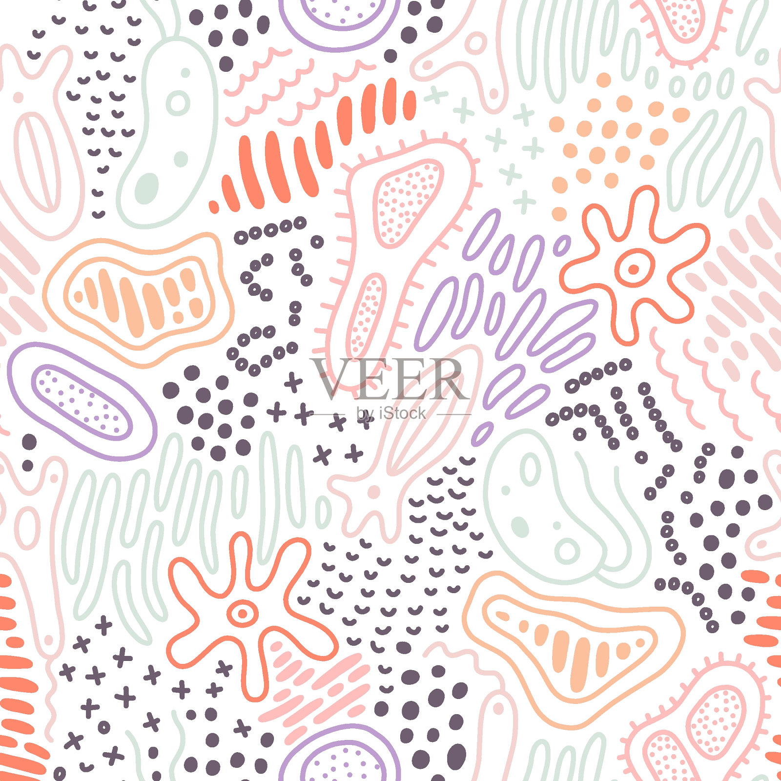 抽象涂鸦图案与微生物，病毒，细菌。载体无缝背景与幻想微生物，霉菌，细胞，细菌，益生菌等。插画图片素材