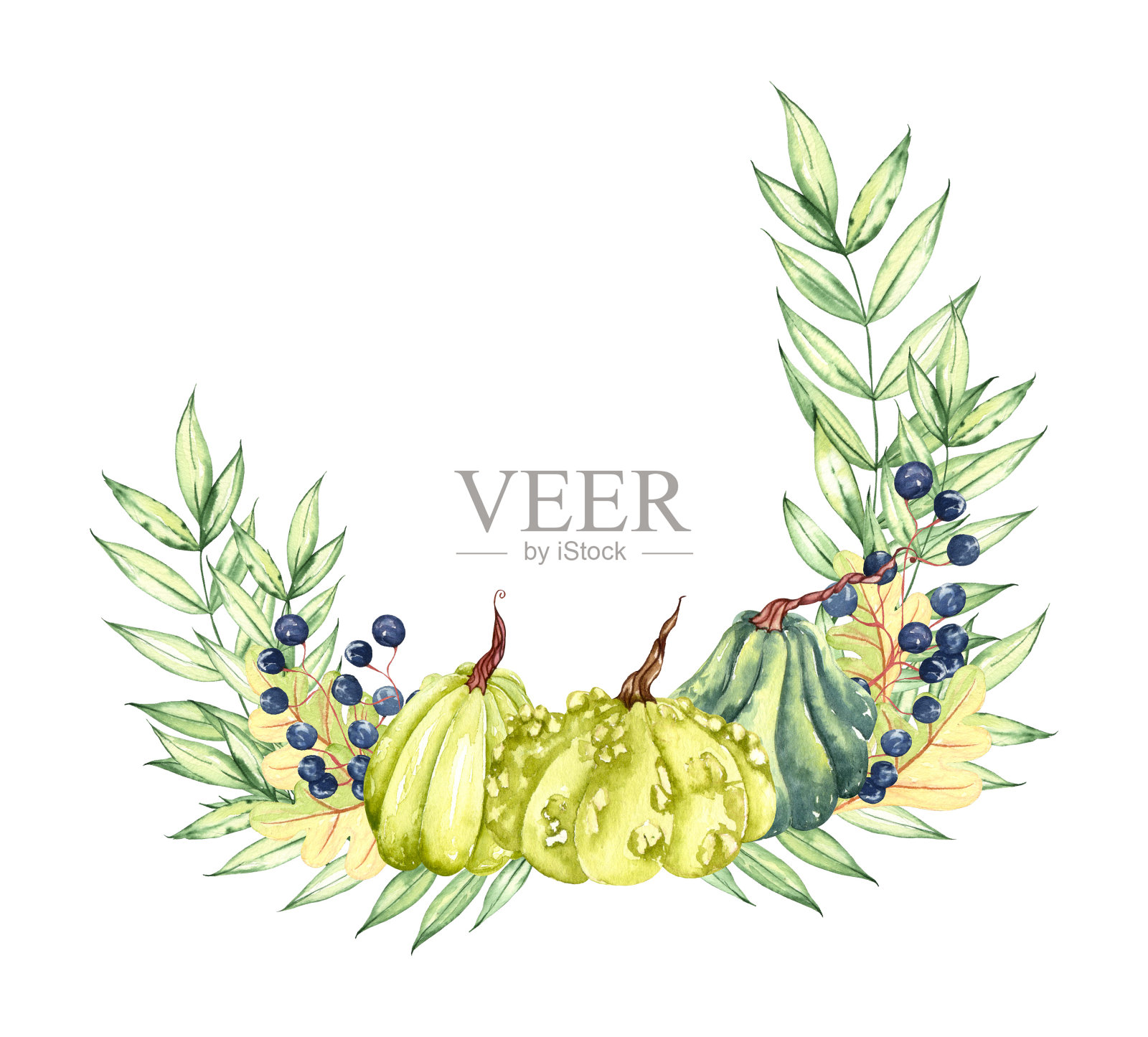 水彩花南瓜组成。柔和的南瓜和乡村风格的花朵排列。锈迹斑斑、焦黄的花，落叶捧花。秋天邀请模板。插画图片素材