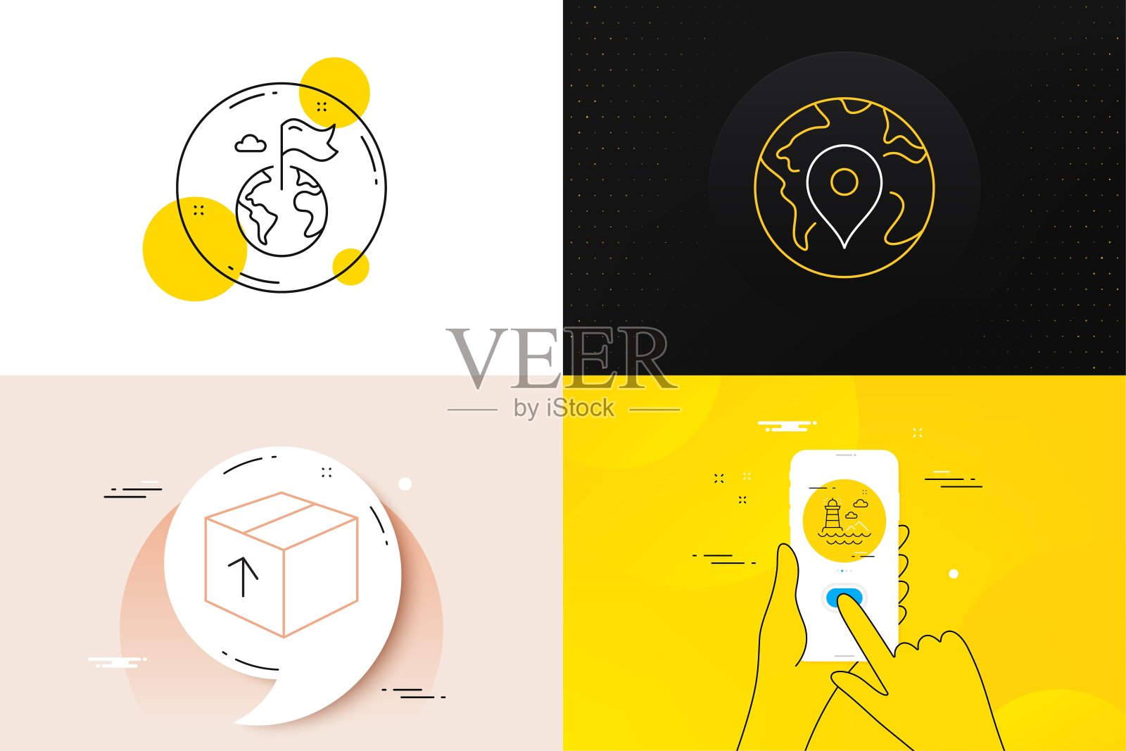 最小设置的徽章，灯塔和目的地旗帜线图标。web开发。向量插画图片素材