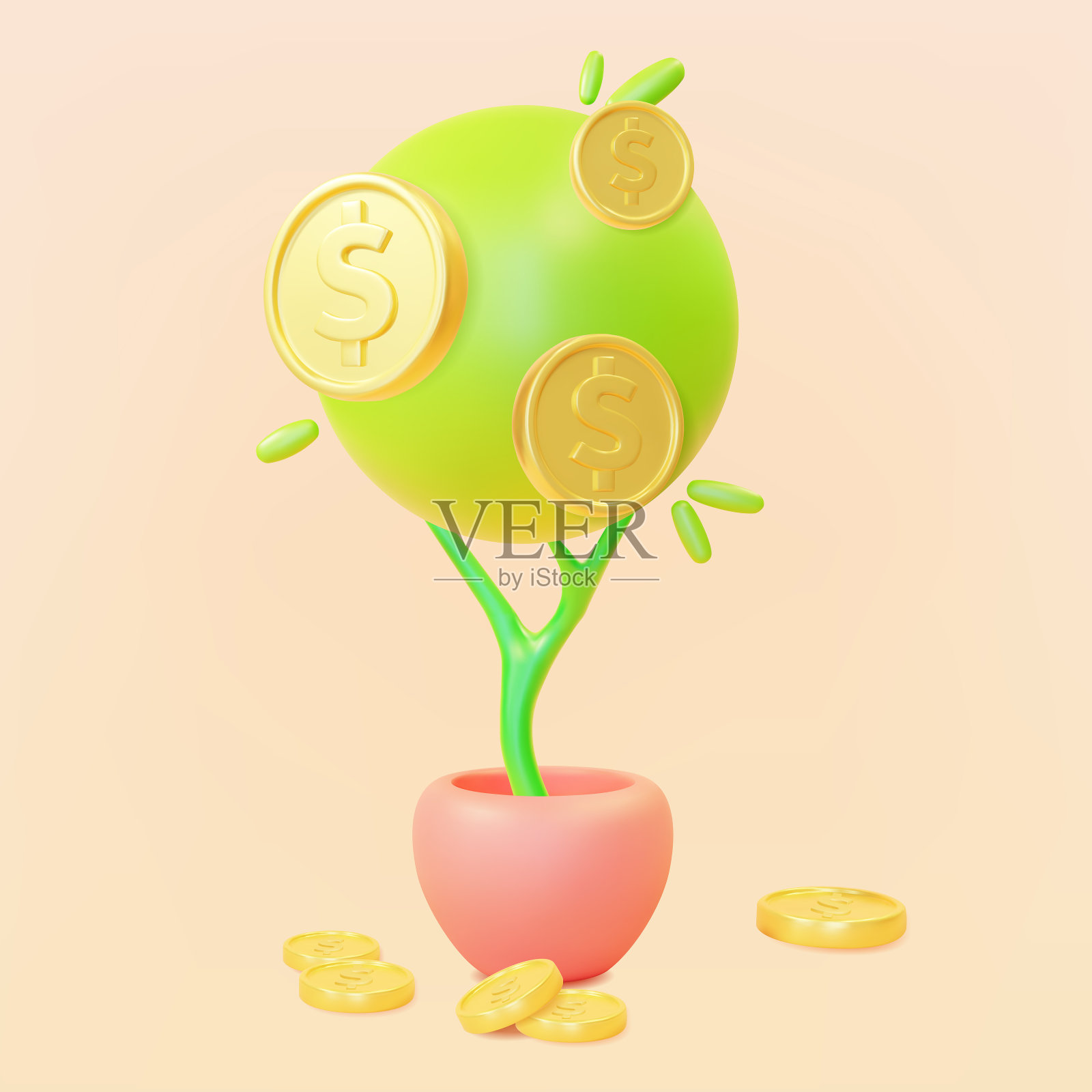 3d金钱投资树橡皮泥卡通风格。向量插画图片素材