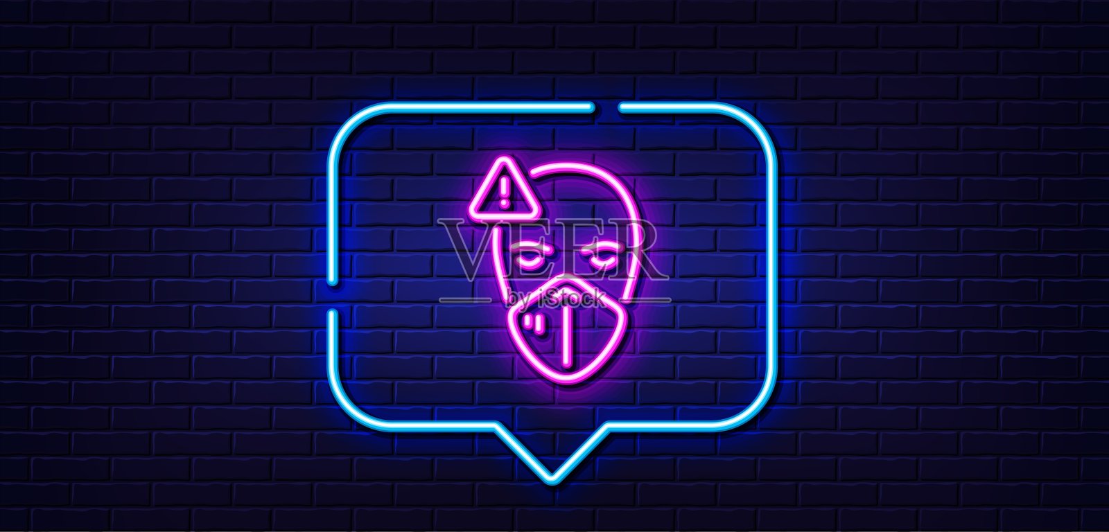 医用口罩线图标。安全呼吸面罩标志。霓虹灯语音泡泡。向量插画图片素材