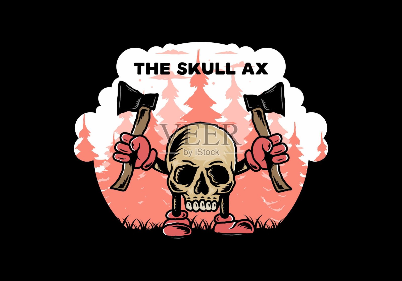 骷髅手握两把斧头的插图设计插画图片素材