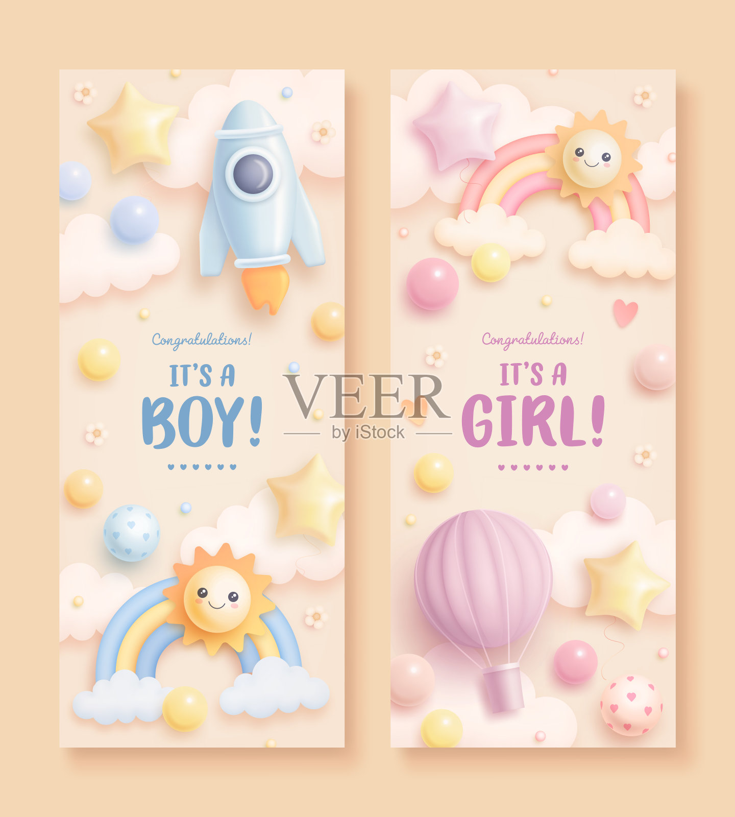 套婴儿淋浴垂直横幅卡通火箭，热气球，彩虹和太阳在米色背景。这是一个男孩。这是一个女孩。矢量图设计模板素材